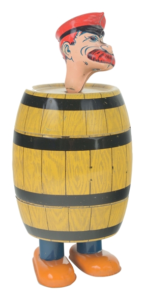 CHEIN TIN LITHO WIND UP BARNICAL BILL IN BARREL TOY.
