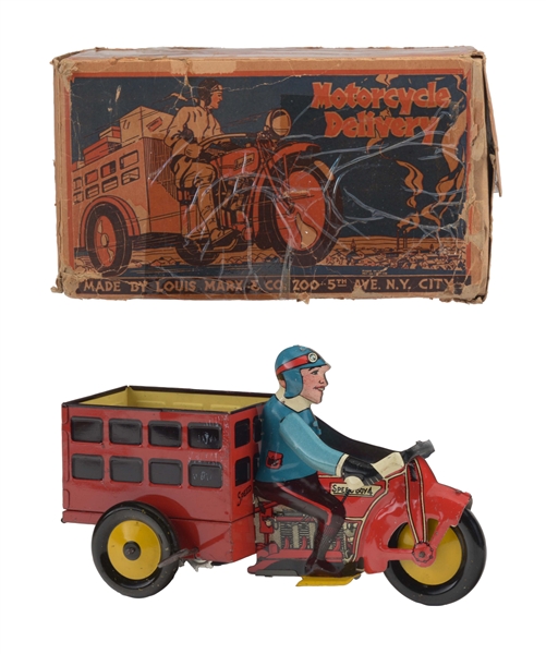 MARX TIN LITHO WIND UP MOTORCYCLE DELIVERY TOY WITH BOX. 