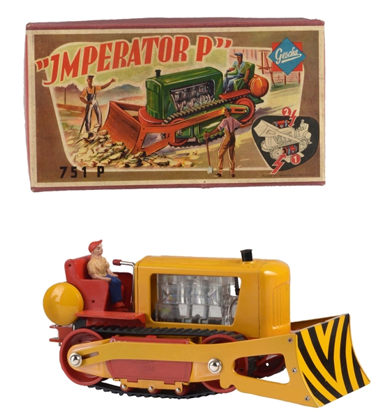 GERMAN GESCHA BATTERY OPERATED "IMPERATOR P" TRACTOR TOY IN BOX. 