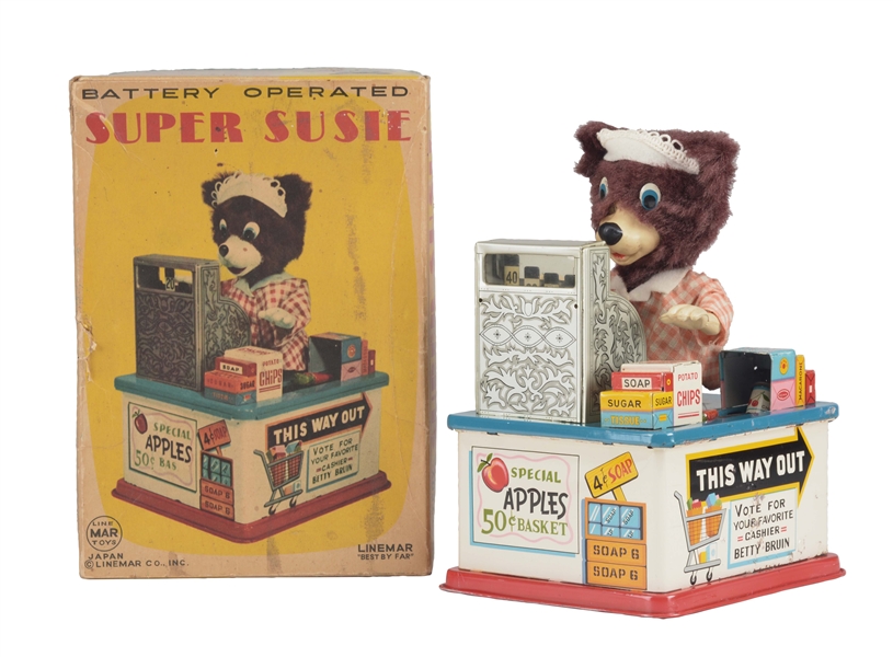JAPANESE TIN LITHO BATTERY OPERATED SUPER SUSIE CASHIER BEAR IN BOX. 