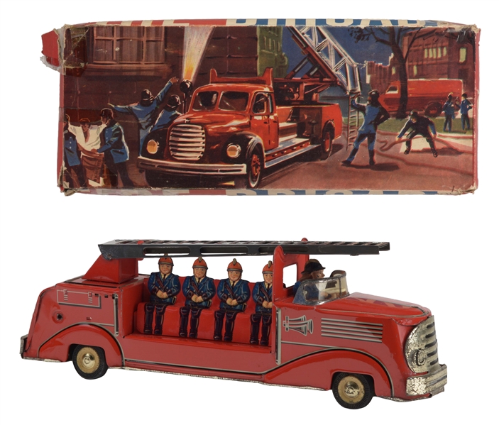 GERMAN TIN LITHO FRICTION FIRE BRIGADE TRUCK IN BOX. 