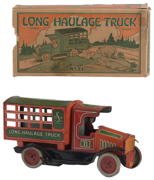 STRAUSS TIN LITHO WIND UP LONG HAULAGE TRUCK IN BOX. 