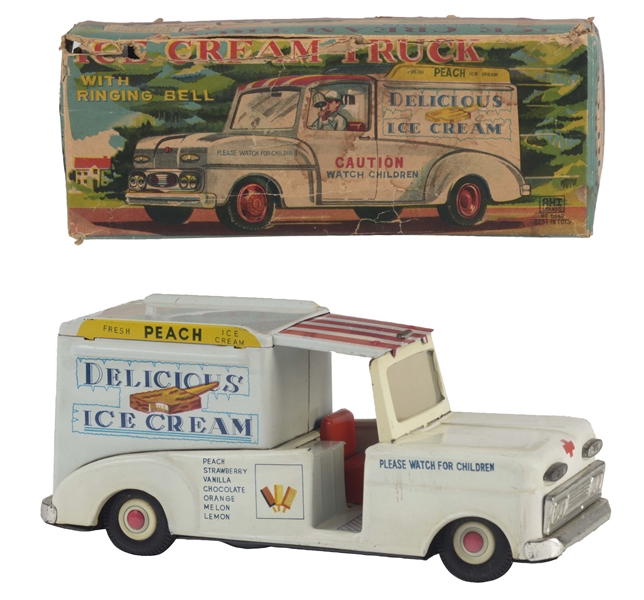 JAPANESE TIN LITHO FRICTION DELICIOUS ICE CREAM TRUCK IN BOX. 