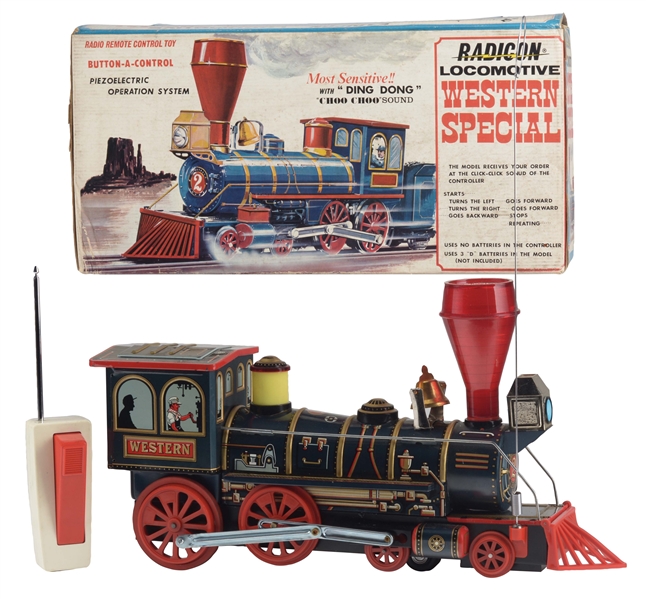 JAPANESE TIN LITHO BATTERY OPERATED WESTERN SPECIAL TRAIN ENGINE TOY IN BOX. 