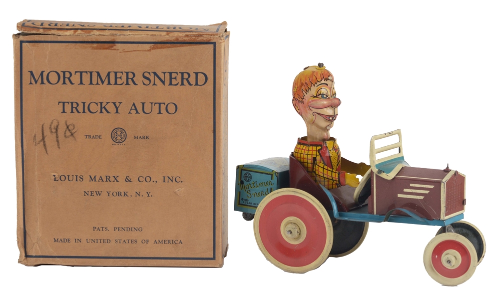 MARX TIN LITHO MORTIMER SNERD TRICKY AUTO WITH BOX. 