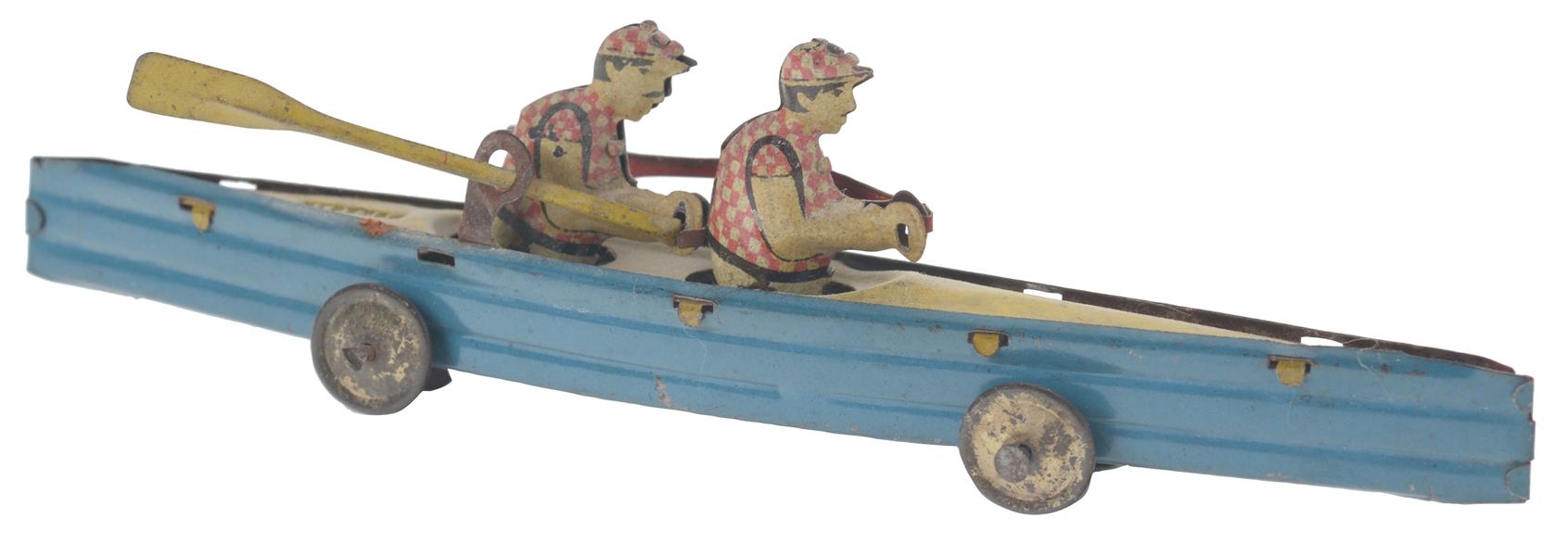 GERMAN TIN LITHO TWO MAN PENNY TOY RACING BOAT. 