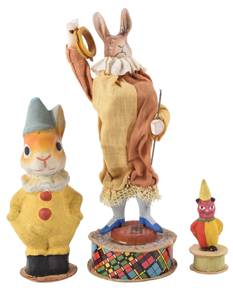 LOT OF 3: RABBIT CANDY CONTAINERS AND FIGURE.
