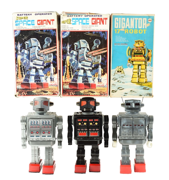 LOT OF 3: JAPANESE TIN LITHO & PLASTIC BATTERY OPERATED ROBOTS IN BOXES.