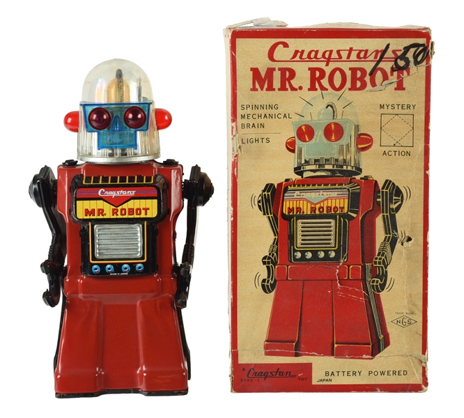 JAPANESE BATTERY OPERATED TIN LITHO CRAGSTAN MR. ROBOT IN BOX. 