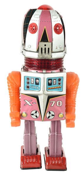 JAPANESE BATTERY OPERATED TIN LITHO AND PLASTIC X-70 TULIP HEAD ROBOT. 