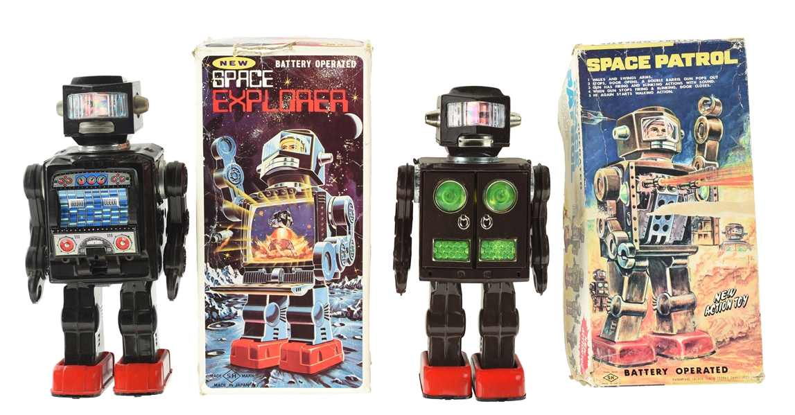 LOT OF 2: JAPANESE TIN LITHO SPACE EXPLORER & SPACE PATROL ROBOTS IN BOXES. 