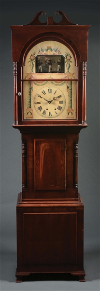 FINE MUSICAL AUTOMATON TALL CASE CLOCK WITH PATRIOTIC THEME.