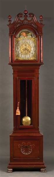 CLASSICAL REVIVAL CARVED MAHOGANY TALL CASE CLOCK.