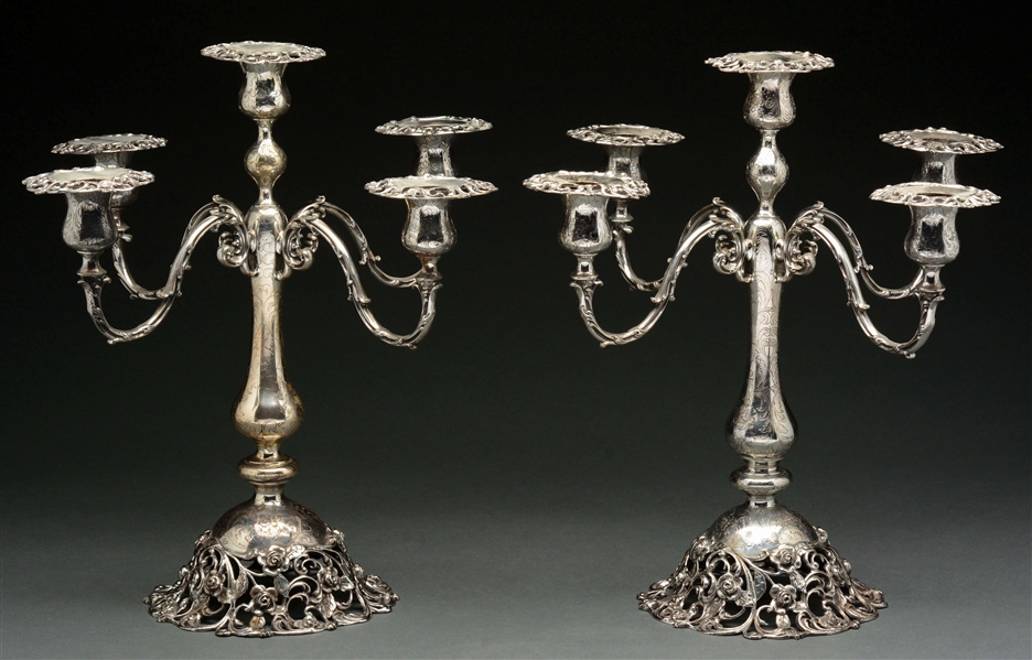 A PAIR OF AMERICAN STERLING FIVE-LIGHT CANDELABRA.