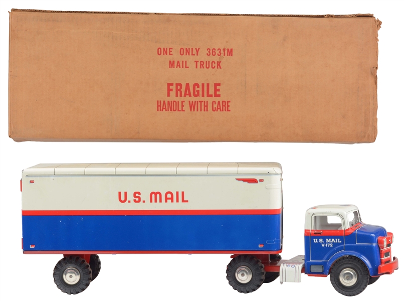 PRESSED STEEL MARX MAIL TRUCK TRACTOR TRAILER IN BOX. 