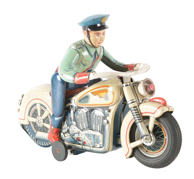 JAPANESE TIN LITHO BATTERY OPERATED POLICE MAN ON MOTORCYCLE. 