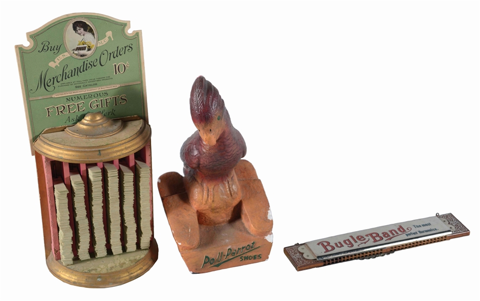 LOT OF 3: EARLY ADVERTISING DISPLAYS & A HARMONICA. 
