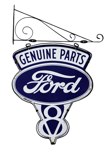 OUTSTANDING FORD V8 DIE-CUT PORCELAIN SIGN WITH RING & HANGING BRACKET.