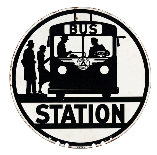 BUS STATION PORCELAIN SIGN WITH BUS GRAPHIC.