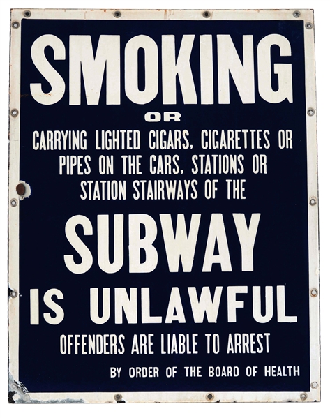 NO SMOKING PORCELAIN SUBWAY SIGN.