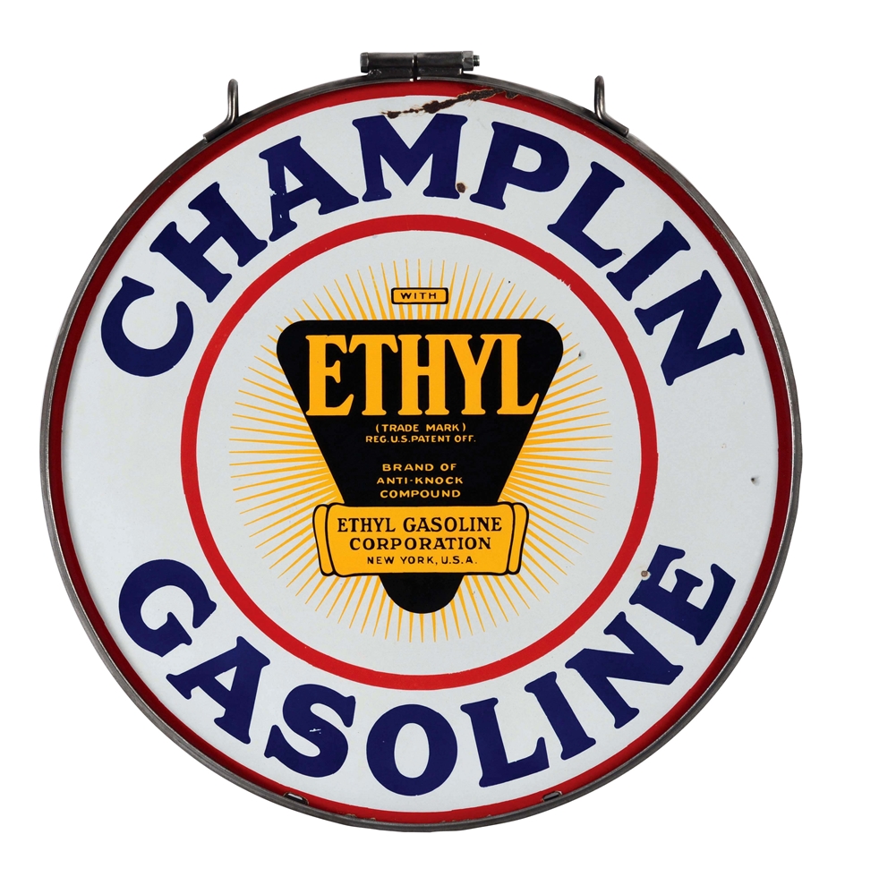 CHAMPLIN ETHYL GASOLINE PORCELAIN SIGN WITH IRON RING.