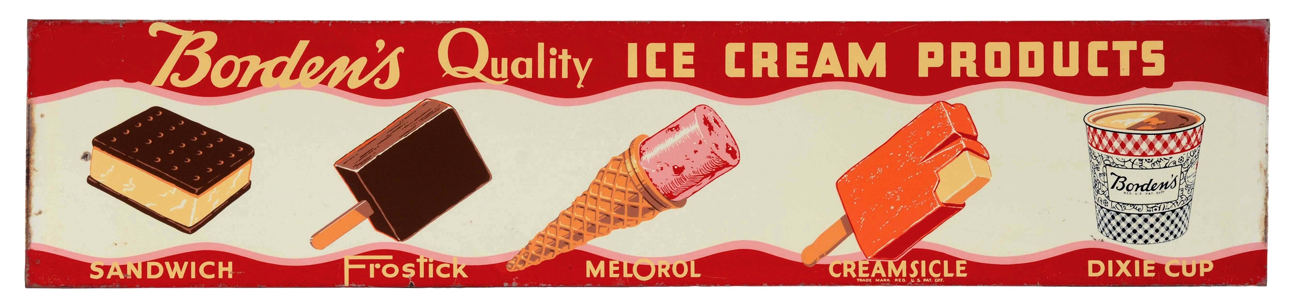BORDENS QUALITY ICE CREAM PRODUCTS TIN SIGN WITH ICE CREAM GRAPHICS.