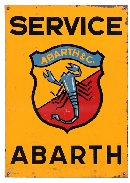 ABARTH SERVICE PAINTED TIN SIGN WITH SCORPION GRAPHIC.