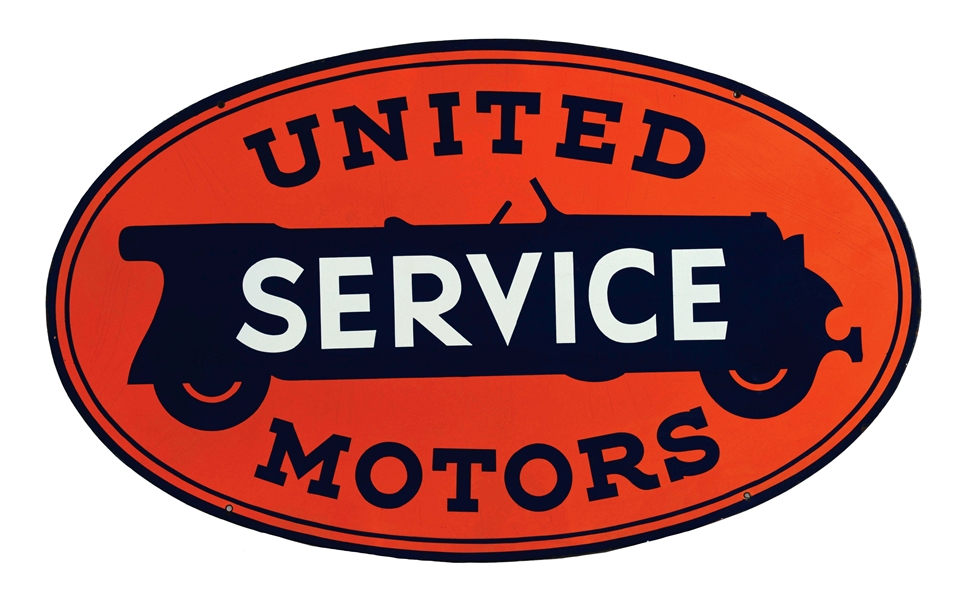 UNITED MOTORS SERVICE PORCELAIN SIGN WITH CAR GRAPHIC.