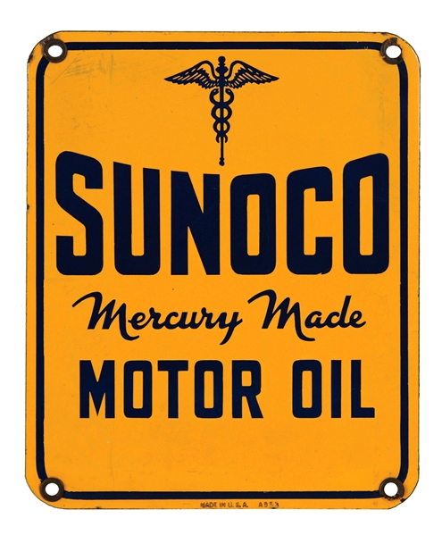 SUNOCO MERCURY MADE MOTOR OIL PORCELAIN SIGN.