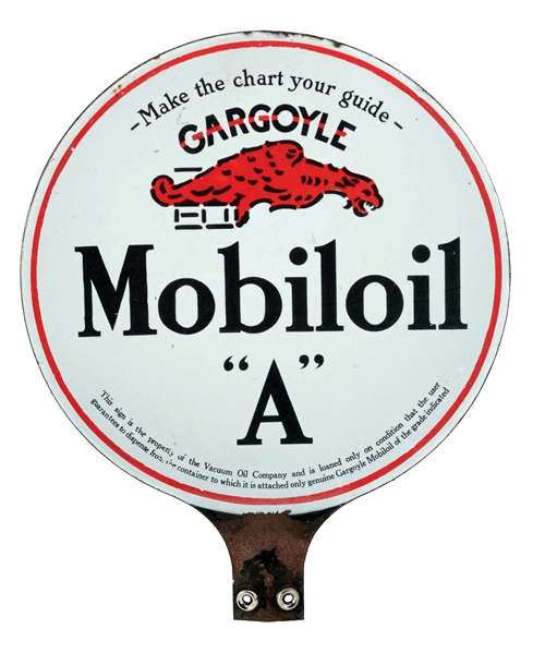 MOBILOIL "A" MOTOR OIL PORCELAIN PADDLE SIGN WITH GARGOYLE GRAPHIC.