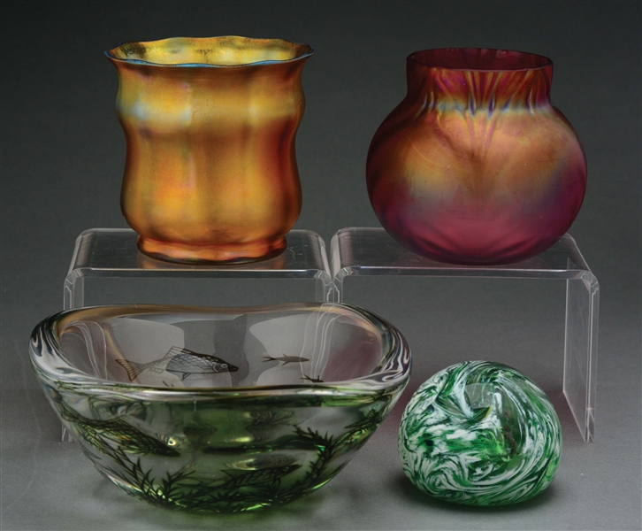 ORREFORS GRAAL FISH BOWL WITH TWO VASES AND PAPERWEIGHT.