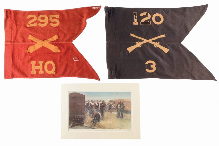 LOT OF 3: TWO 19TH CENTURY GUIDONS & FRAMED SPANISH AMERICAN WAR PRINT.