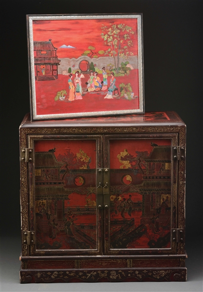CHINESE LACQUERED CABINET WITH PAINTING TO MATCH.