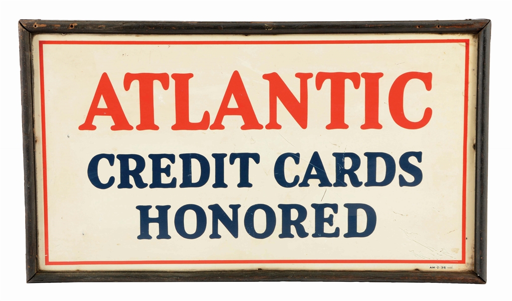 ATLANTIC GASOLINE CREDIT CARDS HONORED TIN SIGN W/ ORIGINAL WOOD FRAME.