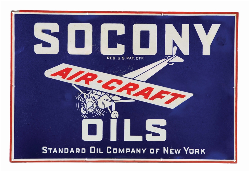 SOCONY AIR-CRAFT MOTOR OILS PORCELAIN SIGN W/ AIRPLANE GRAPHIC.