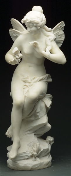 ITALIAN MARBLE STATUE OF FAIRY HOLDING BUTTERFLY.
