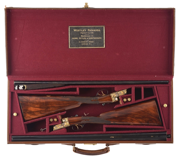 (C) LOT OF 2: "THE HUMMINGBIRD GUNS": INCREDIBLY RARE PAIR OF WESTLEY RICHARDS .410 BEST DROPLOCK SHOTGUNS WITH SUPERB MULTI-COLORED GOLD INLAY IN HUMMINGBIRD DESIGN WITH CASE.