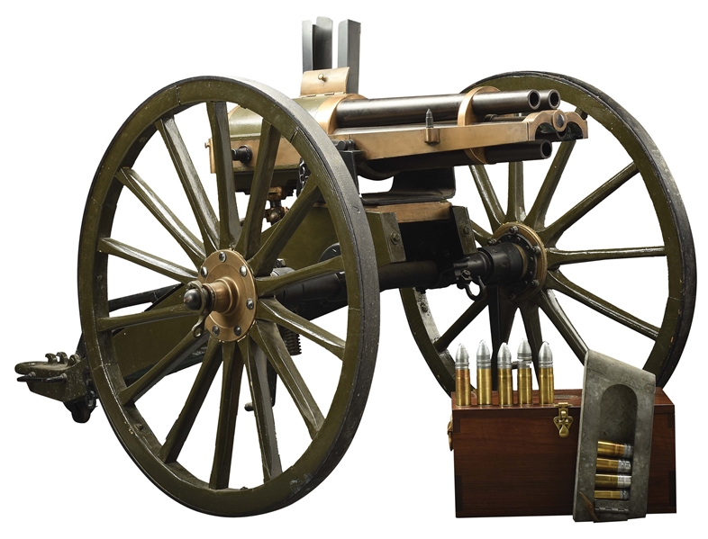 HISTORIC SPANISH AMERICAN WAR USED FRENCH HOTCHKISS 37MM REVOLVING CANNON WITH PROVENANCE ON CARRIAGE WITH ACCESSORIES.