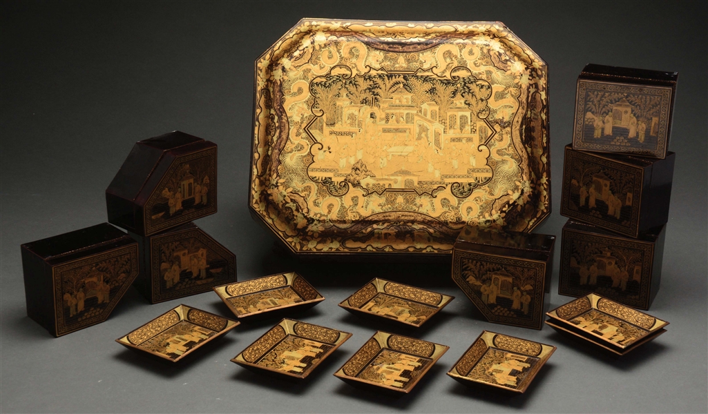 FINE CHINESE EXPORT BLACK LACQUERED GAMES BOX.