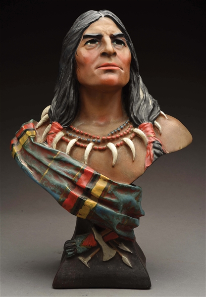 CIGAR STORE CHALKWARE BUST OF NATIVE AMERICAN WITH BEAR CLAW NECKLACE.