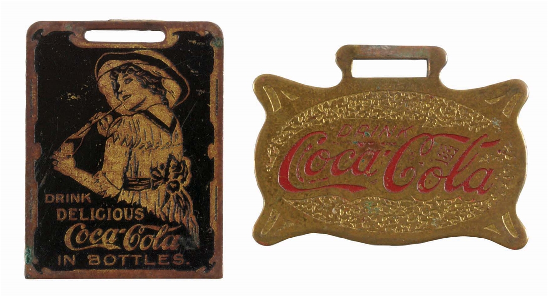 LOT OF 2: BRASS COCA-COLA ADVERTISING WATCH FOBS.