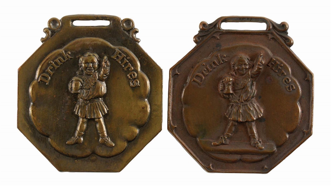 LOT OF 2: EARLY HIRES ROOT BEER ADVERTISING WATCH FOBS.