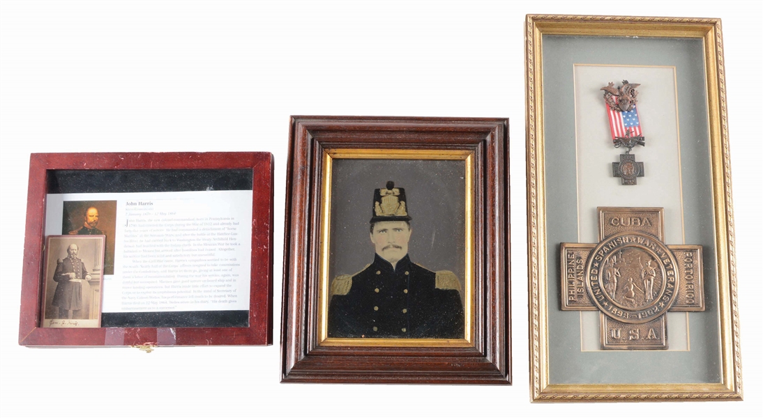LOT OF 3: TWO ITEMS RELATING TO JOHN HARRIS, 6TH COMMANDANT OF THE USMC, AND A LARGE SPANISH WAR VETERANS MEDAL.