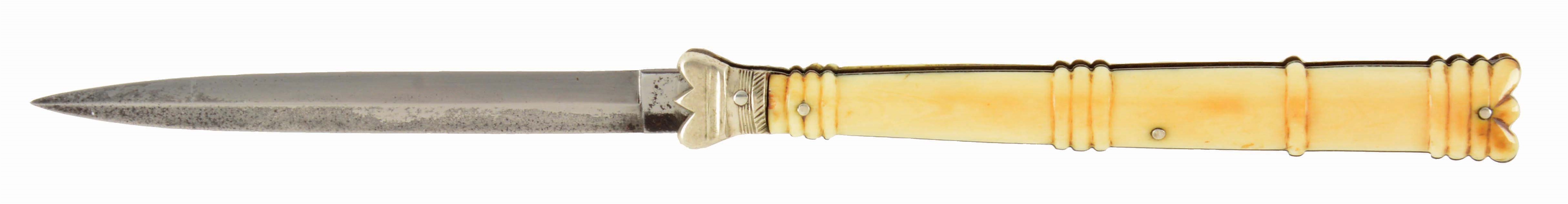CHARLES CONGREVE SHEFFIELD FOLDING DIRK WITH IVORY GRIPS CIRCA 1865.
