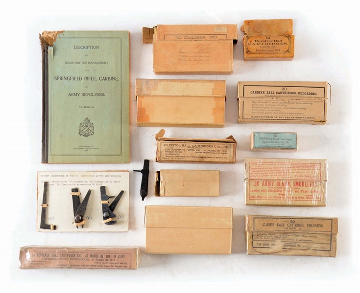 INDIAN WARS LOT INCLUDING 11 BOXES OF AMMO, 3 TOOLS, & 1898 US MANUAL.