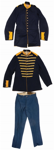 LOT OF 3: CAVALRY UNIFORM ITEMS, INCLUDING ONE MUSICIANS COAT, ONE COAT, AND A PAIR OF TROUSERS.
