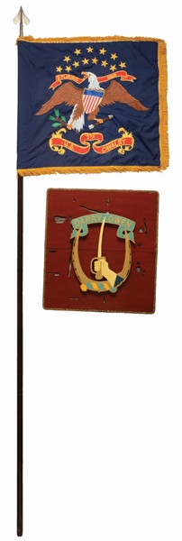 LOT OF 2: TWO PIECES OF 7TH CAVALRY HERALDRY, INCLUDING A REPRODUCTION FLAG AND A BOARD WITH THE "CARRY OWEN" INSIGNIA.