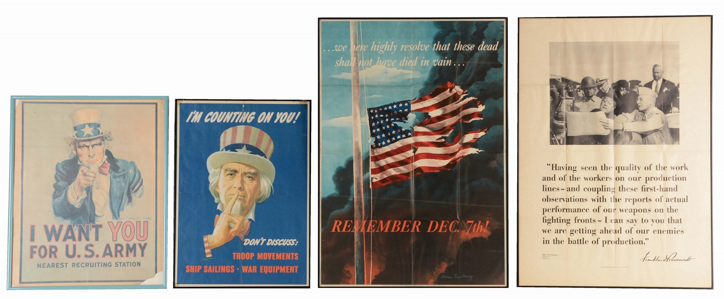 LOT OF 4: UNCLE SAM, PEARL HARBOR, F.D.R. POSTERS.