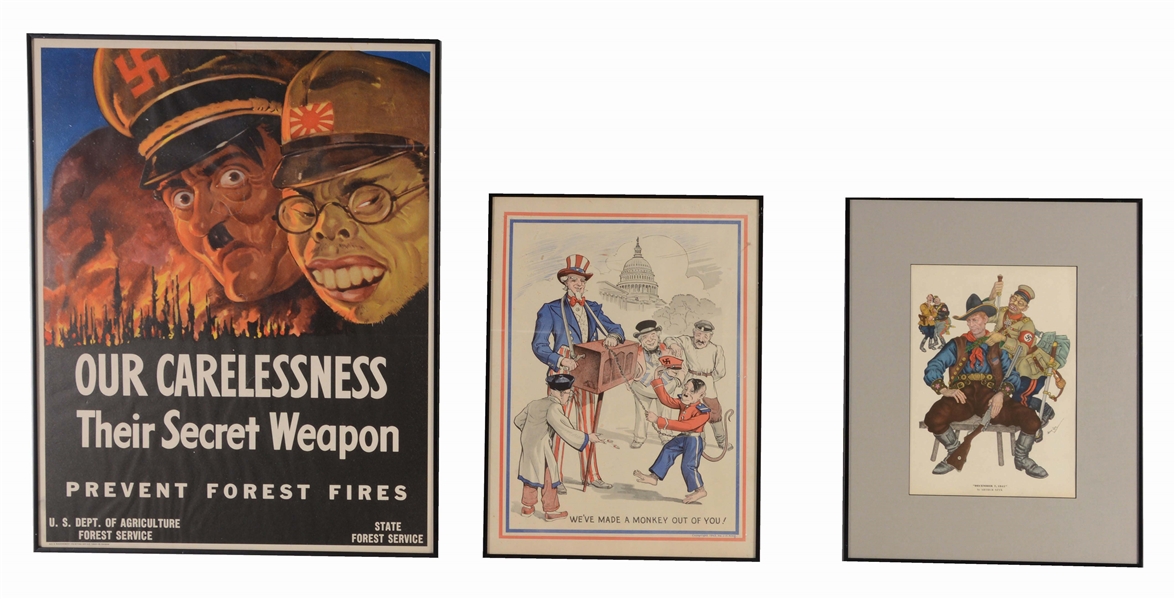 LOT OF 3: WORLD WAR II POSTERS FEATURING HITLER, MUSSOLINI, HIROHITO.