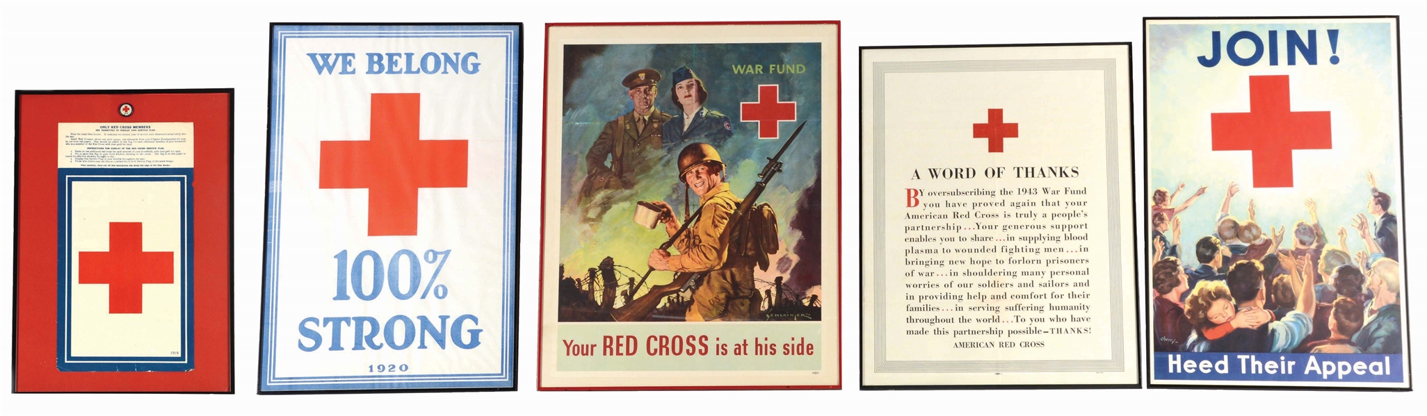 LOT OF 5: WORLD WAR I AND WORLD WAR II RED CROSS POSTERS.